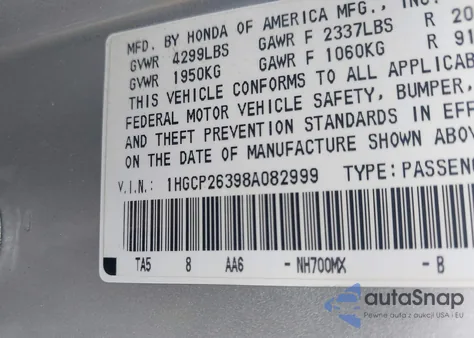 2008 Honda Accord 2.4 Lx z USA, uszkodzony, nr VIN 1HGCP26398A082999